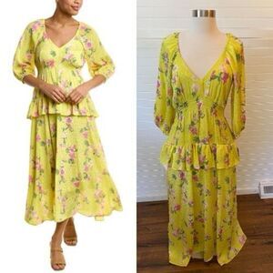 Taylor Floral Lime Pink Floral 3/4 Raglan Sleeve Tiered Flounce Dress NWT Size 8